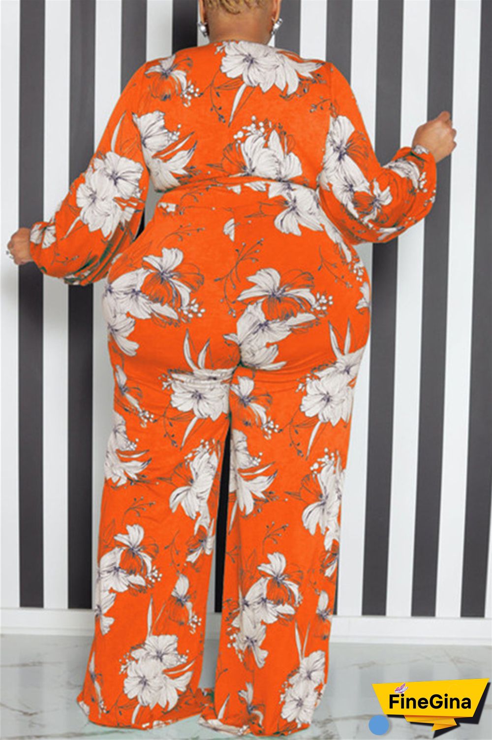 Yellow Casual Print Patchwork V Neck Plus Size Jumpsuits