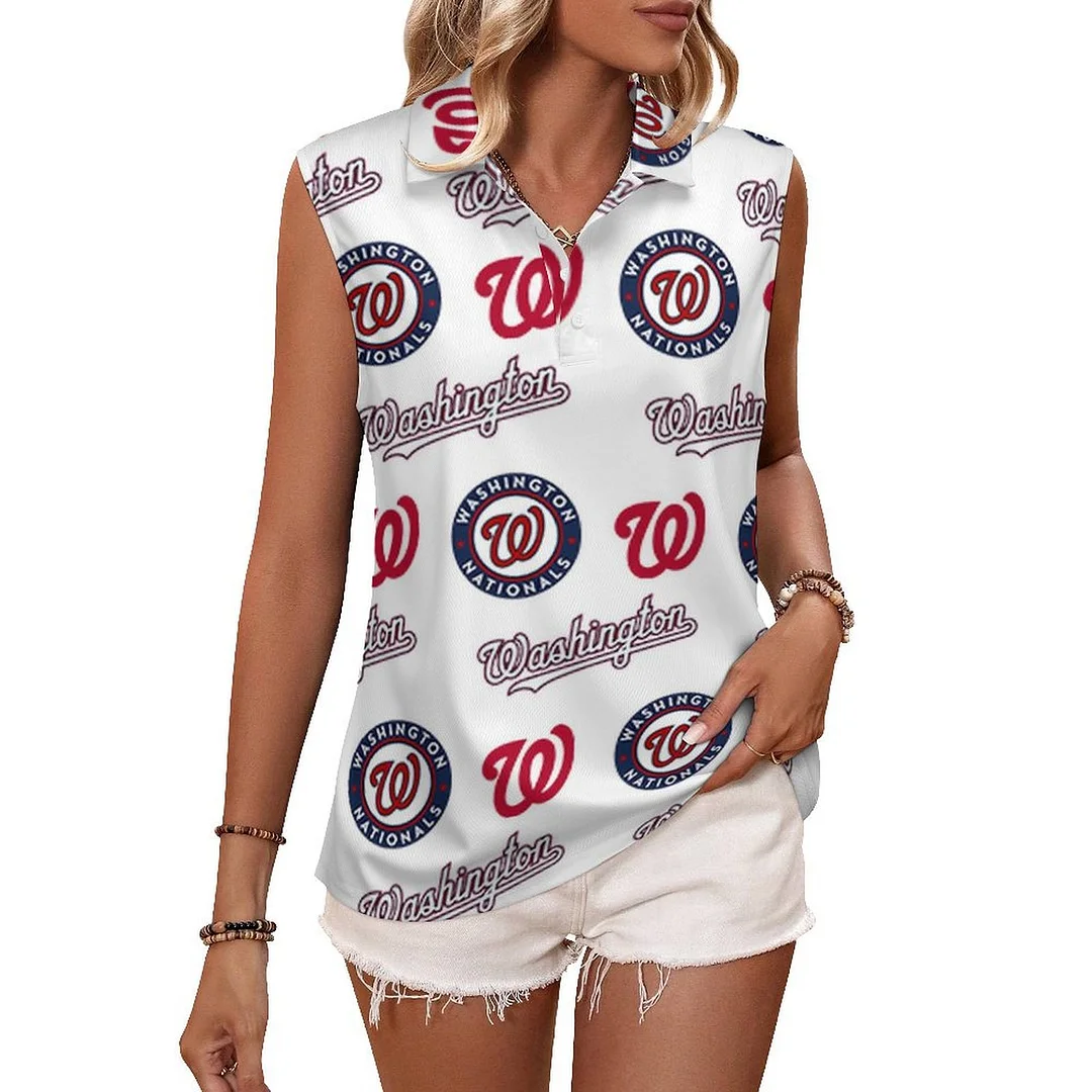 V-neck Sleeveless Casual POLO Shirt Tank Top for Women Printed with Pattern , Blue, Red