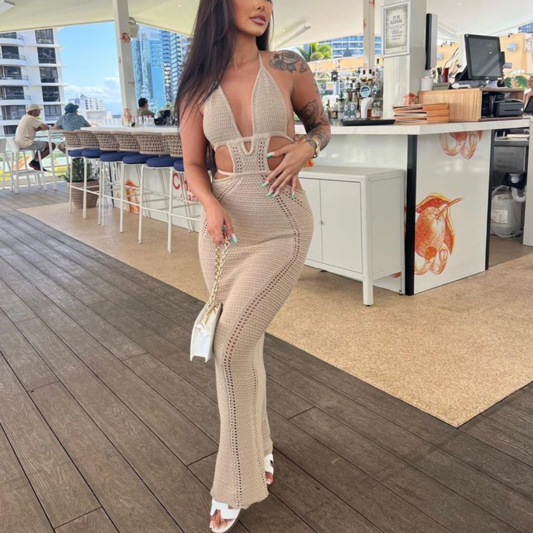 Ootddress Female Knit Lace-Up Maxi dress Backless Slim Fashion Beach Outfits Y2k Dress Hollow Out Bandage Knitwear Party Women Dress