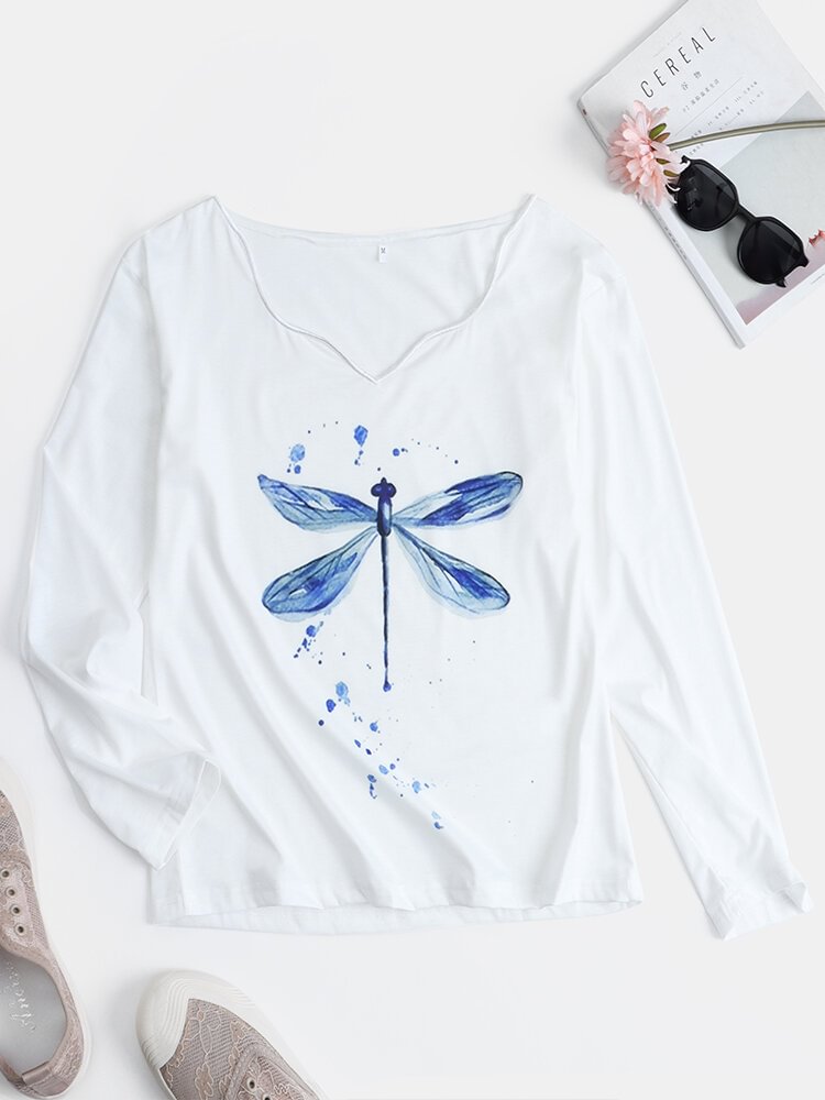Dragonfly Print Long Sleeve Casual T Shirt For Women P1799858