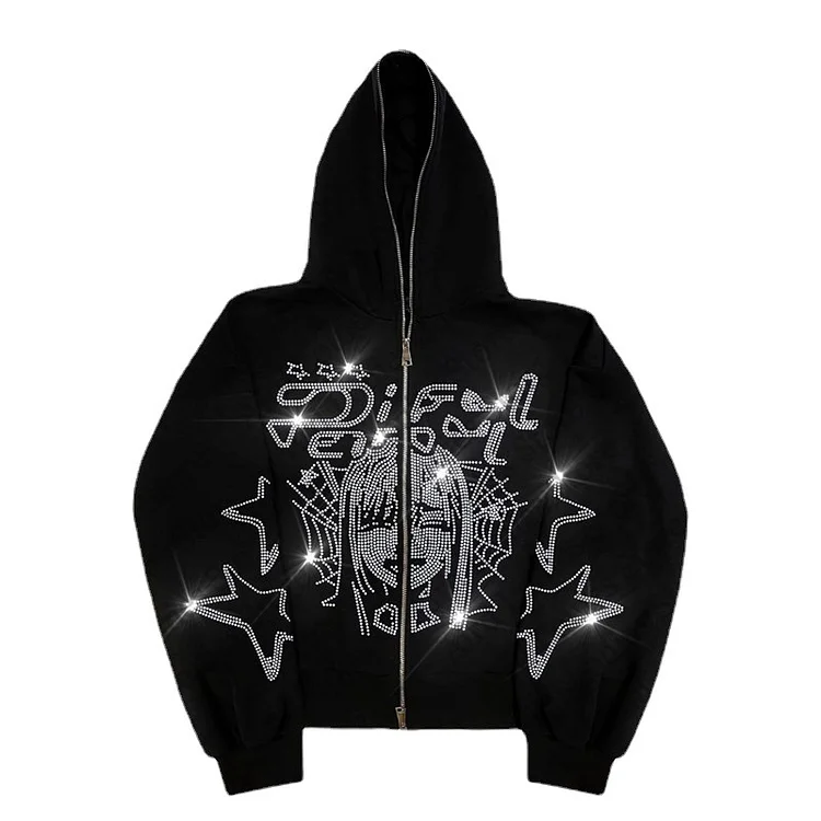 Full Zip Up Hoodie Anime Goth Rhinestone Hoodie Y2k Pullover Sweatshirt at Hiphopee