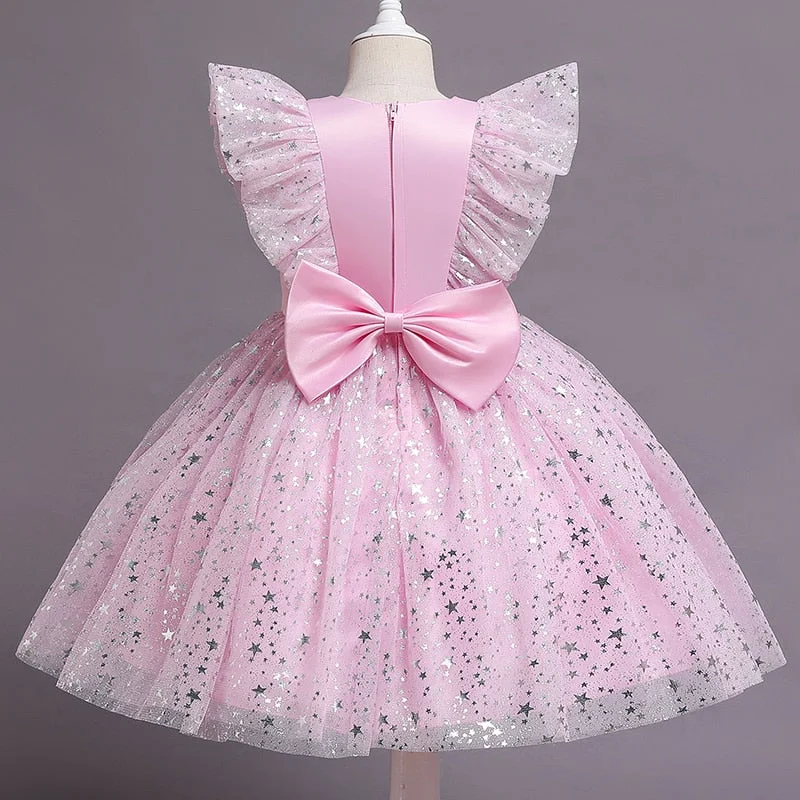 Toddler Baby Girls Birthday Baptism Party Princess Dress Flower Girl Dresses For Weddings Kids Pearls Bow Backless Mesh Clothes