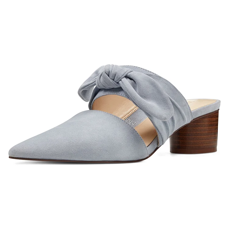 Grey Vegan Suede Pointed Toe Block Heel Mules Shoes with Bow |FSJ Shoes