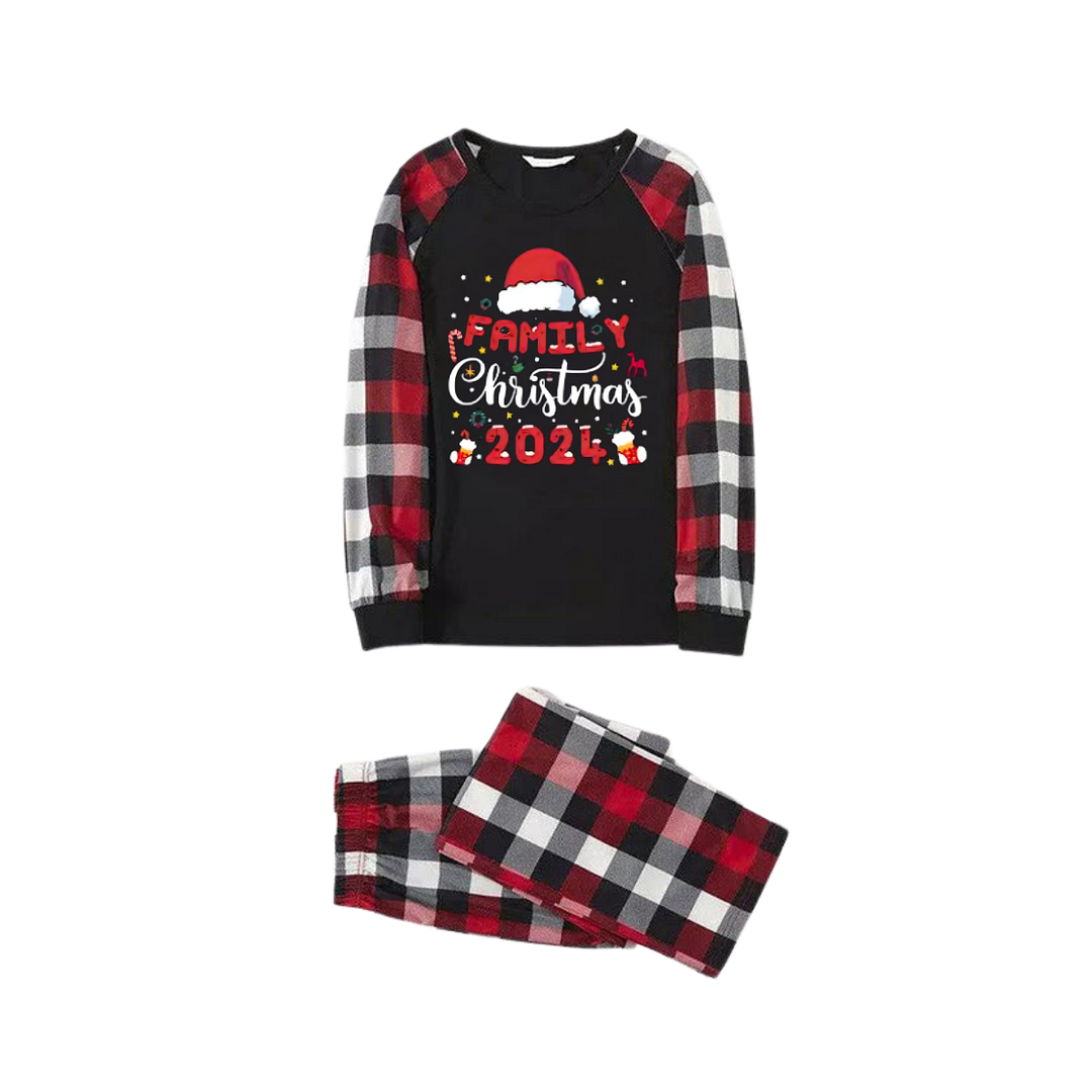 "Family Christmas 2024" with Santa Hat Pattern Ⅱ- Red&Black&White Plaid  Matching Pajamas