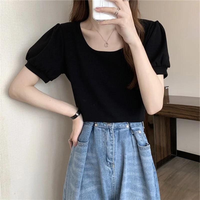 Brownm Brownm Sleeve T Shirt Female Summer 2024 New French Design Sense Low Round Collar Slim Thin Short Sleeve Student Jacket