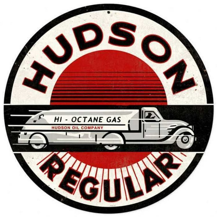 30*30cm - Hudson Gasoline - Round Tin Signs/Wooden Signs