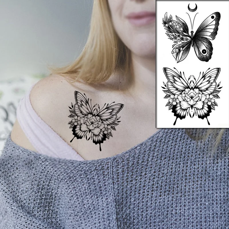 Waterproof Temporary Tattoo Sticker Black Wolf Arrow Rose Butterfly Flash Tattoos Totem Line Body Art Hand Fake Tatoos Women Men