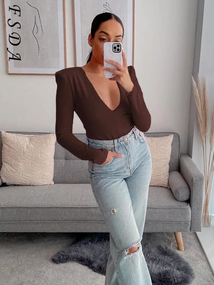 Deep V Neck Autumn Winter Long Sleeve T Shirts Women Brown Y2K Basic Sexy Top Shirt Casual 90S Vintage Fashion 2022