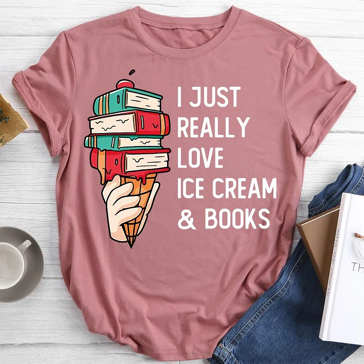 I Just Really Love Ice Cream And Books Round Neck T-shirt-0018983