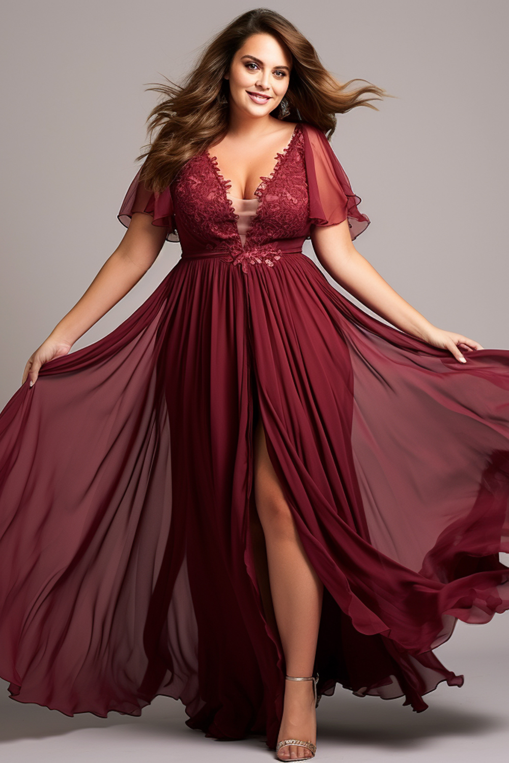 Flycurvy Plus Size Bridesmaid Burgundy Chiffon Lace Split Flutter Sleeve Maxi Dress 2024 - Flycurvy 