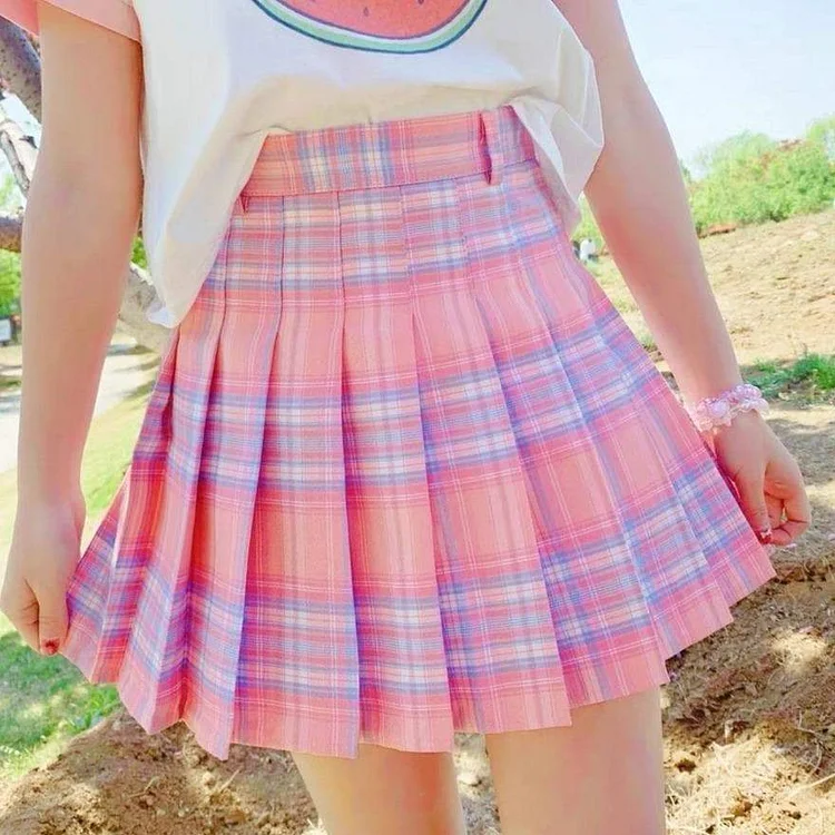 Cute Summer Pink Plaid Skirt SP16152