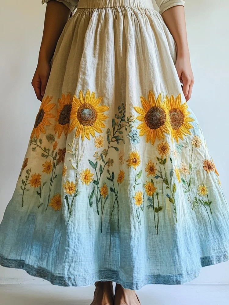 Utbros Boho Sunflower Embroidered Gradient Linen Skirt