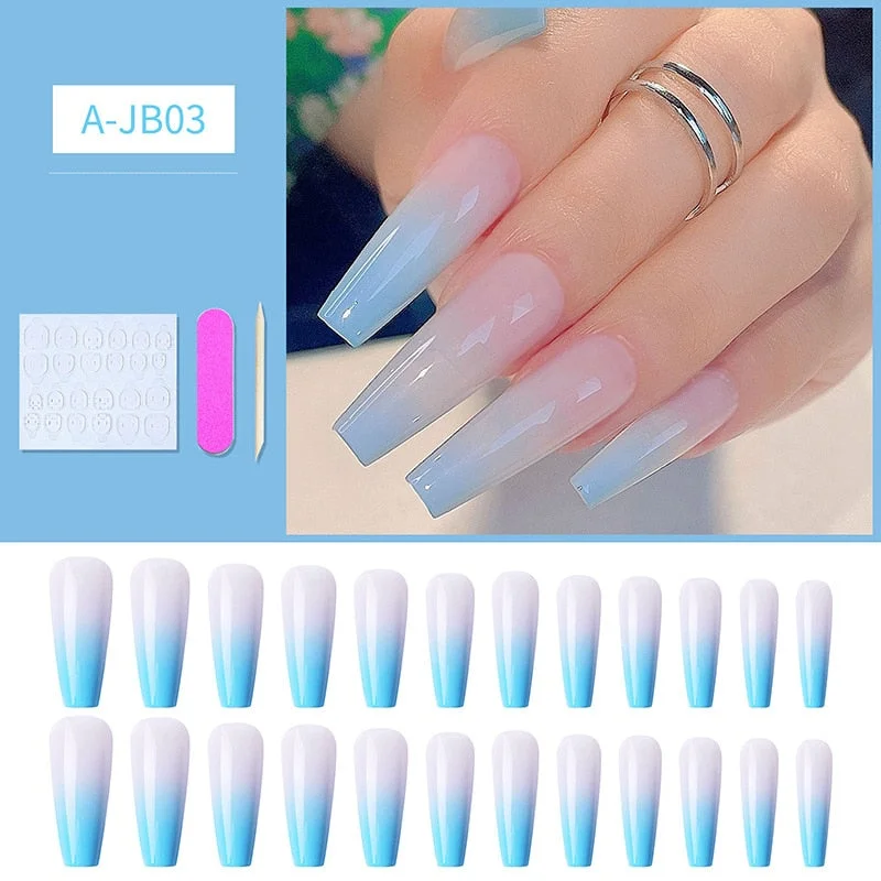 24pcs/box Artificial Nails With Glue Mid-length Fake Nails Gradient Wear Nail Stickers Finished Fake Nails Press On Nails Coffin-Nail Inspo