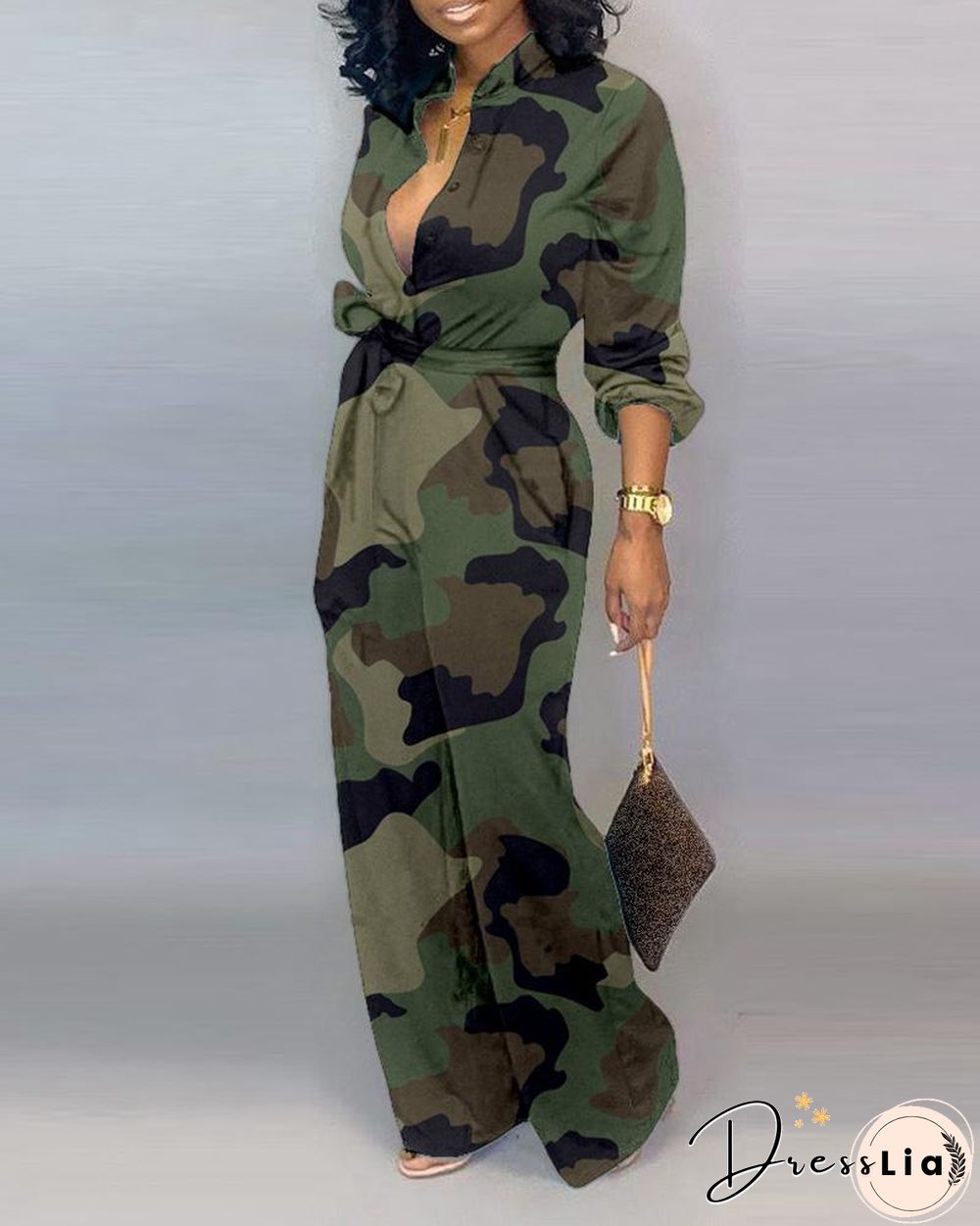 V Neck Camouflage Print Buttoned Jumpsuit