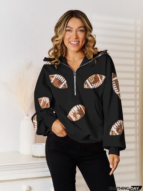 Sequin Football Patch Hal-Zip Hoodie