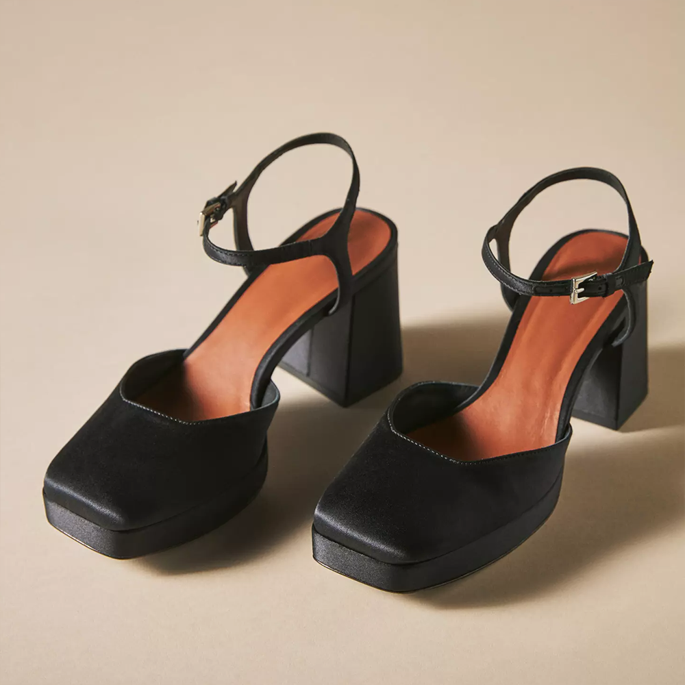 Black Satin Closed Toe Chunky Heel Ankle Strap Platform Sandals Nicepairs