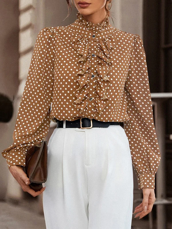 Split-Joint Polka-Dot Pleated Floral Puff Sleeves Loose Stand Collar Blouses