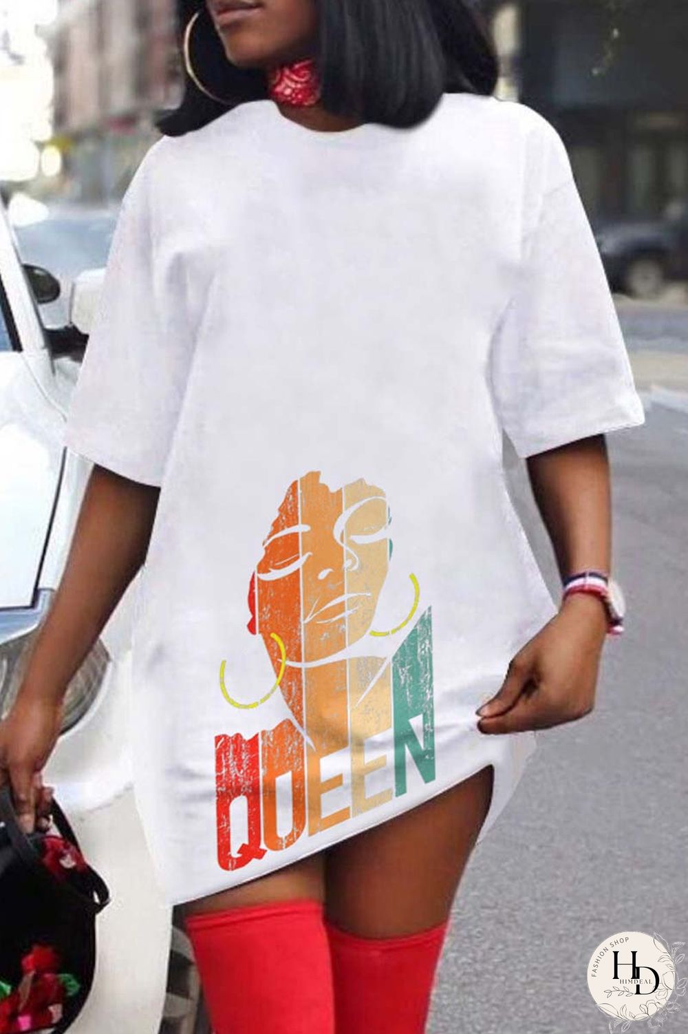 White Casual Print Basic O Neck T-shirt Dress Dresses