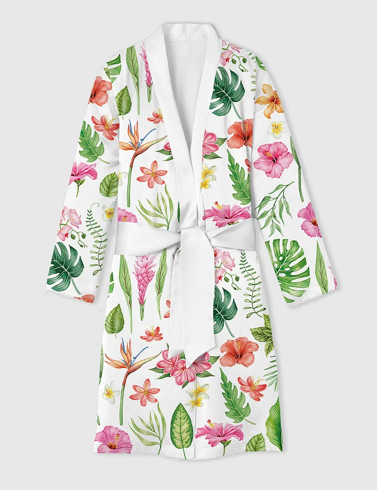 Women's Watercolor Tropical Flowers And Leaves Hawaii Wedding Satin Bathrobe