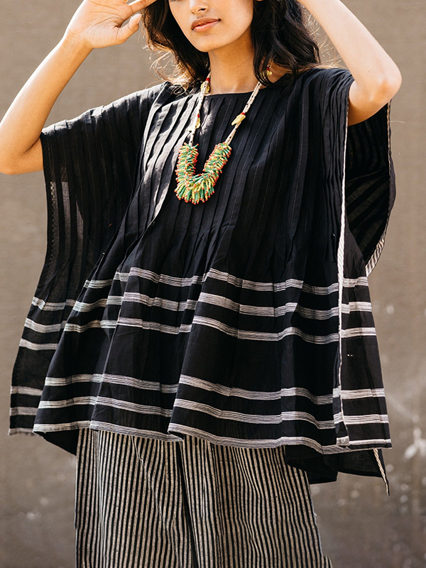 Loose Bat Wing Striped Print Cotton Linen Blouses