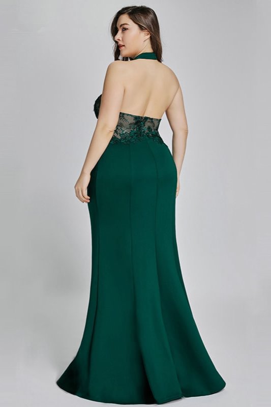 Elegant Green Halter Lace Evening Gowns Mermaid Sleeveless Plus Size