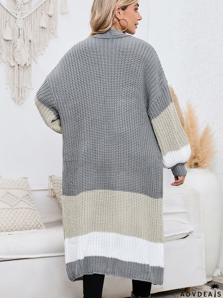Color Block Long Sleeve Pocketed Cardigan