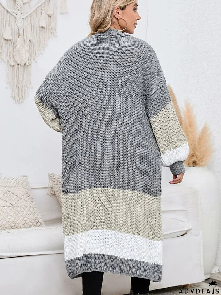 Color Block Long Sleeve Pocketed Cardigan