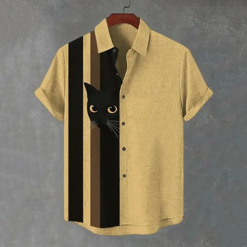 Men's Vintage Black Cat And Stripes Art Short Sleeve Shirt  artssus