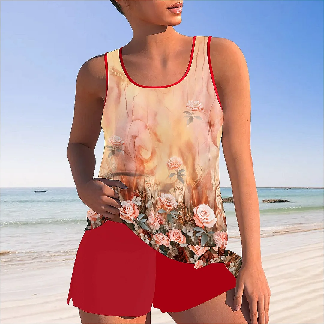 Bowknot Floral,Orange Mid Waisted Tankini Set - Plus Size Available