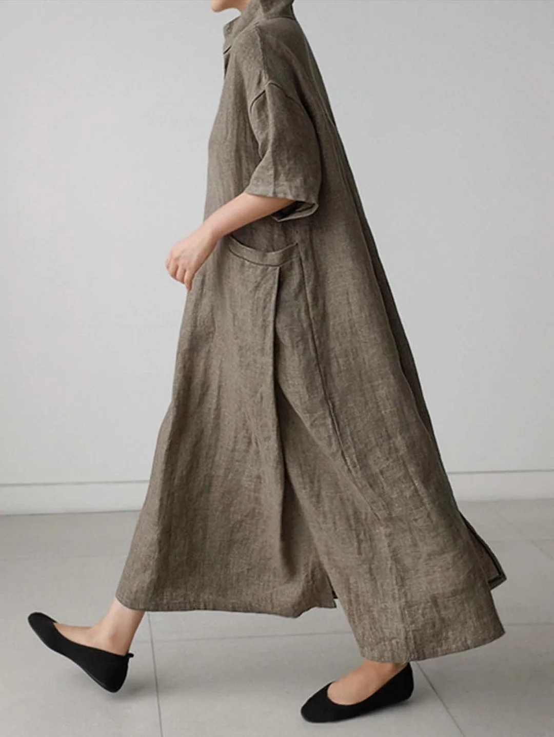 Women Solid Loose Maxi Dress with Pockets