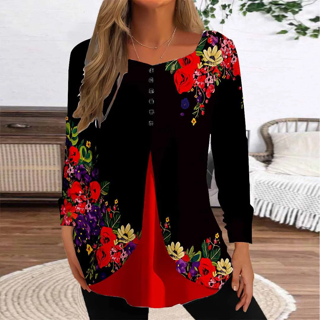 Women Floral,Black DZGG8317 Long Sleeve Scoop Neck Printed Graphic Button Fake 2in1 Tops