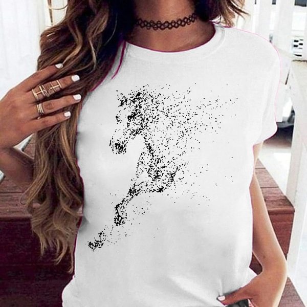 Cute Horse Print T Shirts for Women Summer Short Sleeved Tees Top Women's Round Neck Graphic Tshirts Casual Wear; Loose Fit Tees Woman Blouse Vestidos Mujer - BlackFridayBuys