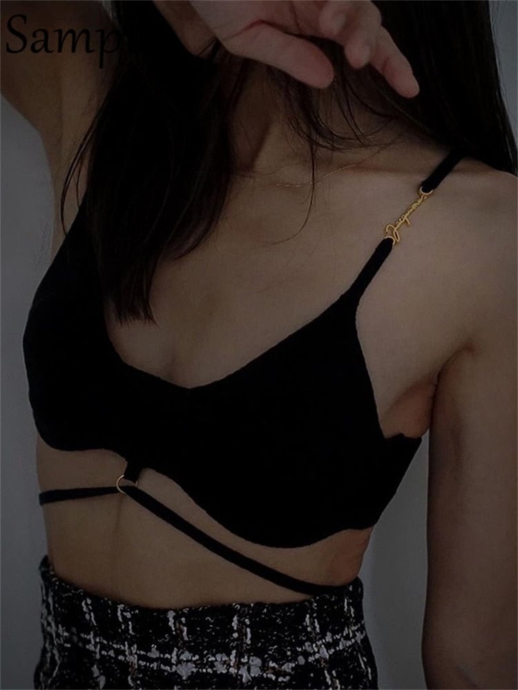Sampic Bandage Khaki Women 2022 Sexy Club Casual Party Y2K Crop Tops Sleeveless Strap Blue T Shirts Tank Tops Backless Summer