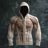 Men's Body Muscle 3D Pattern Print Casual Zipper Plus Size Knitted Hooded Jacket Coat