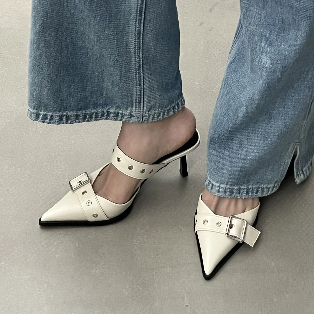 Breakj Breakj Summer ~ Pointed Belt Buckle Thin Belt Buckle Single Shoes Silver Back High Heel Sandals