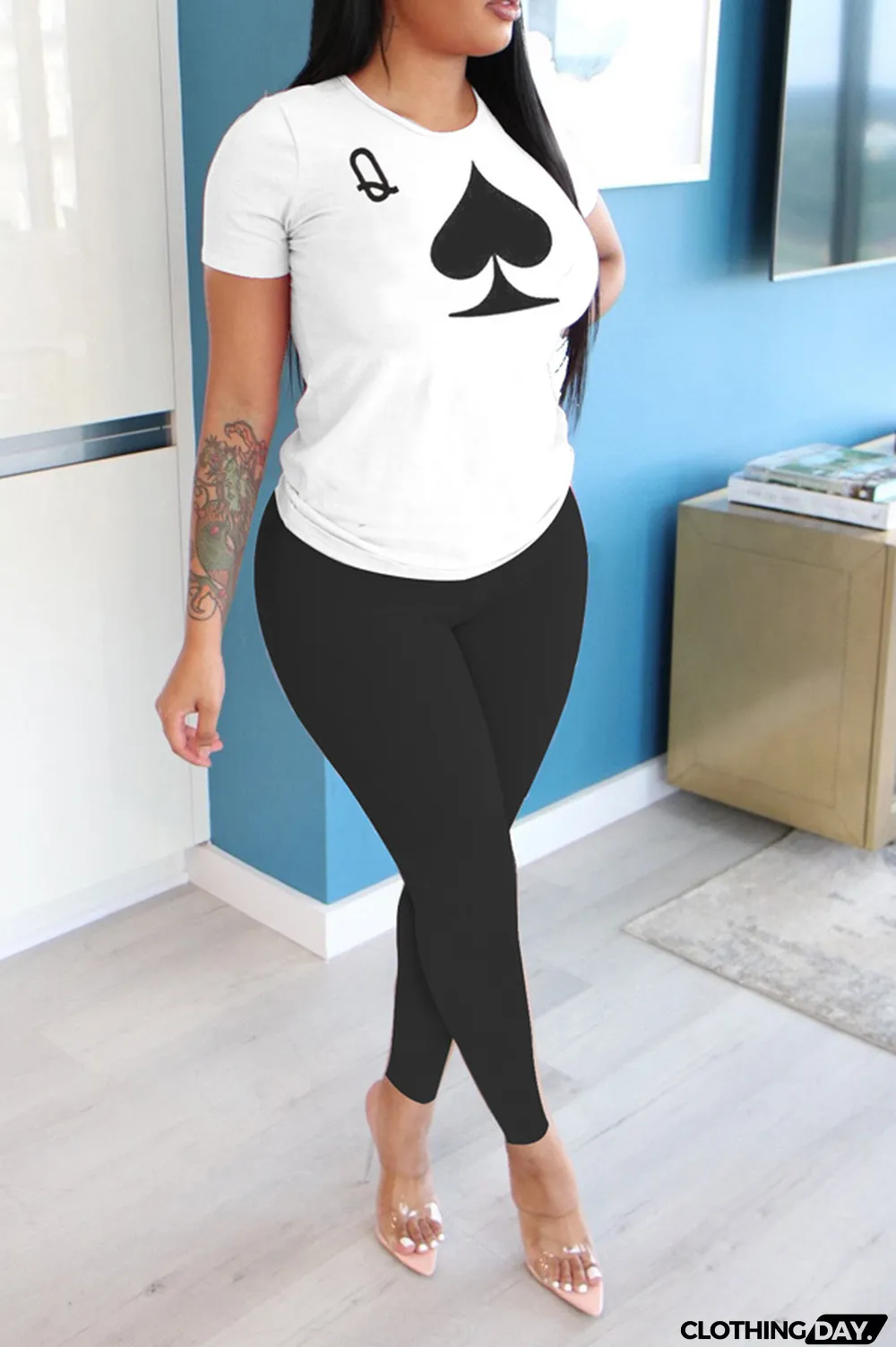 Pink Polyester Street Letter Print Straight Short Sleeve Two Pieces