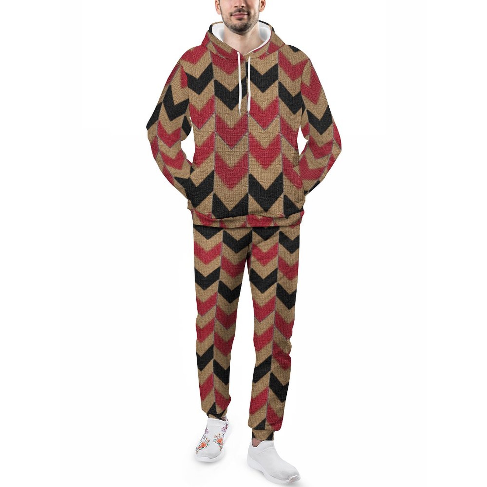 Printed Red Black Arrow Down Arrowhead Men's Sweatsuits Set Casual Athletic Pullover And Sweatpants Suit Outfit