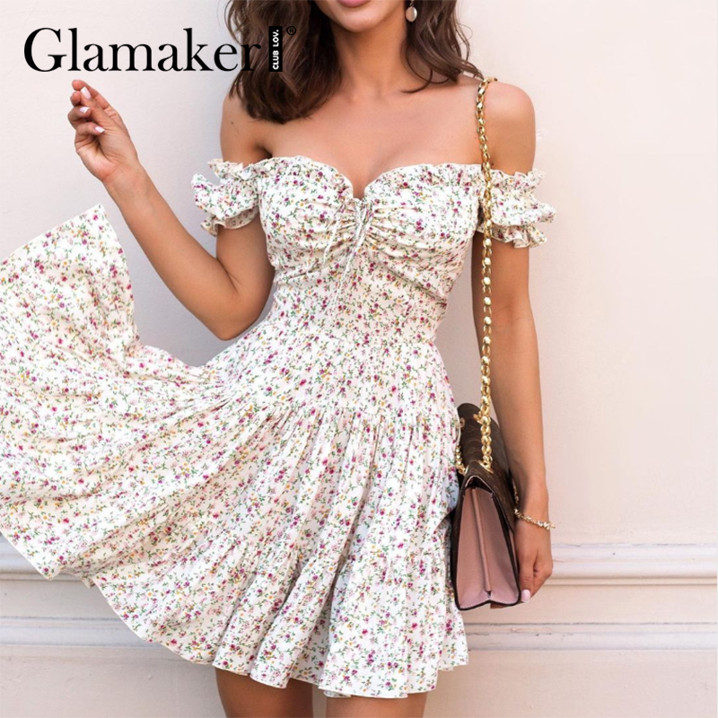 Glamaker Sexy Chiffon ruffles off shoulder sexy mini dress Floral printed A-line summer wrap elegant 2021 white vestidos new