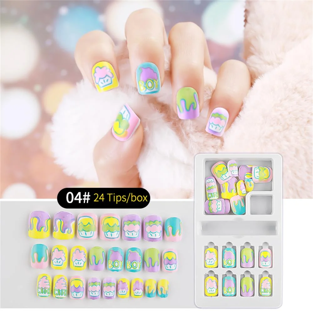 24Pcs/Set Press on Children Candy False Nail Tips Cartoon Full Cover Kid Pink Fake Nail Art for Little Girls Manicure Tool-Nail Inspo