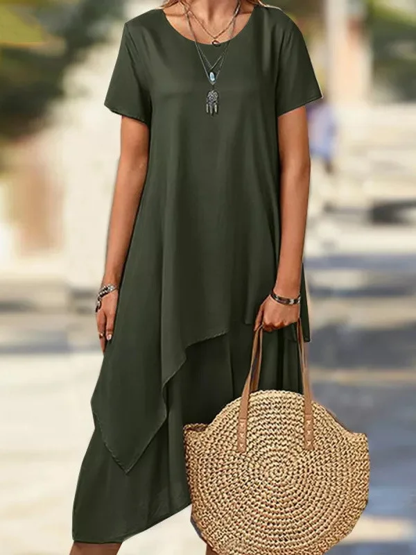 Round Neck Casual Asymmetric Hem Solid Midi T-Shirt Dress