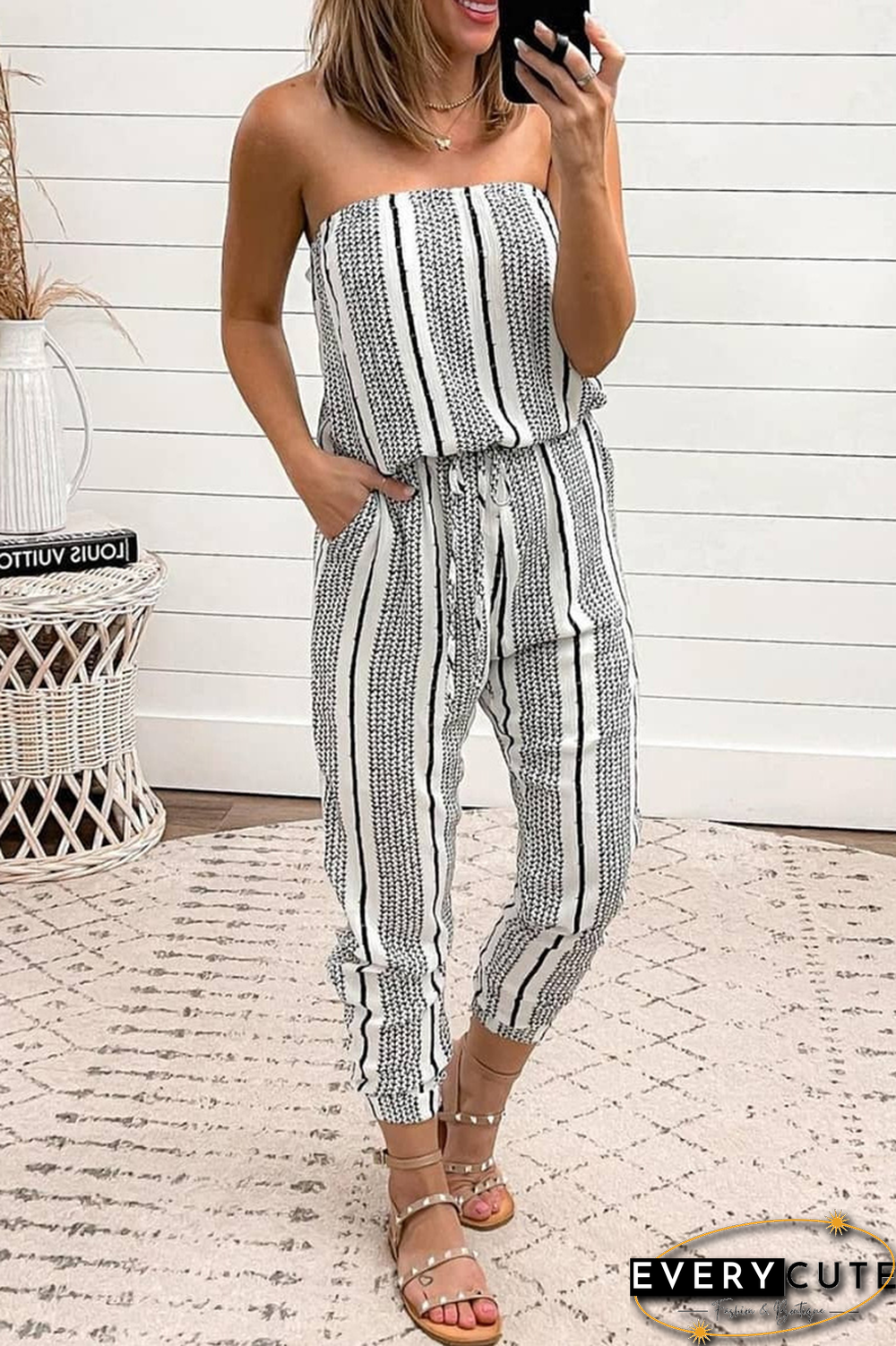 Casual Print Frenulum Fold Strapless Regular Jumpsuits