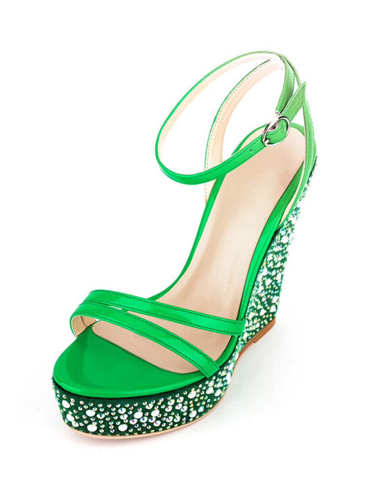 GOOSHOE Sandals Women's Slope Heel Thick Sole Color Rhinestone Straight Strap Party Sandals
