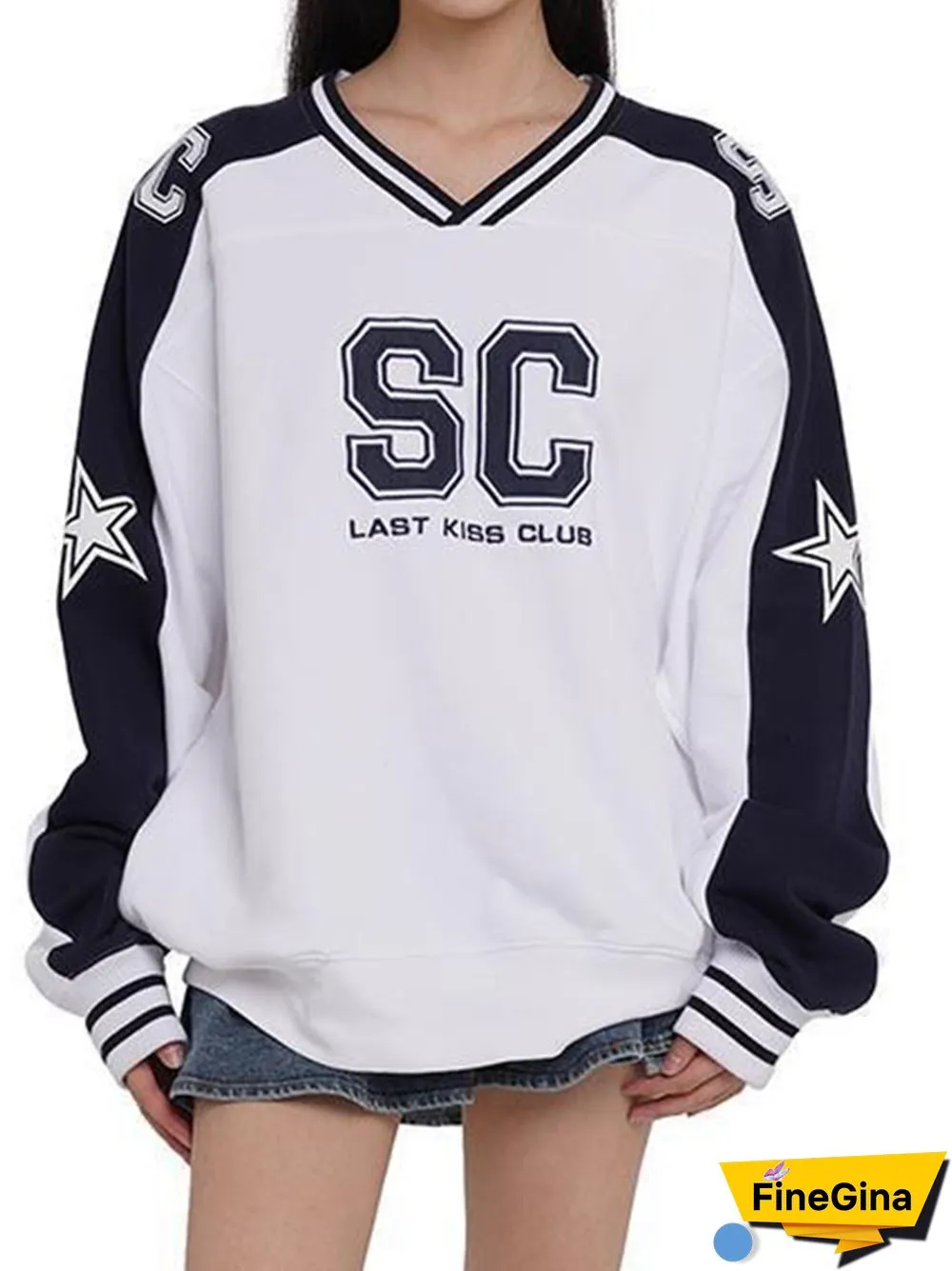 Vintage Contrast Color Letter Embroidery V Neck Sweatshirt
