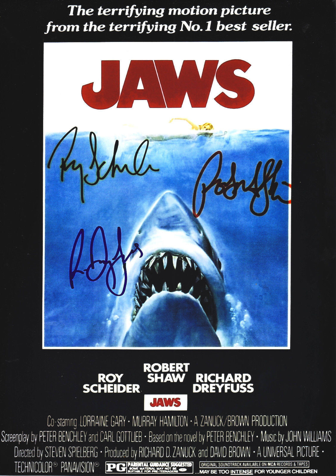 JAWS CAST - SCHEIDER & SHAW & DREYFUSS AUTOGRAPH SIGNED PP Photo Poster painting POSTER