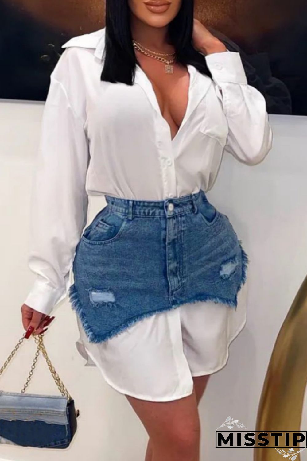 Black Casual Solid Ripped Turndown Collar Long Sleeve Two Pieces