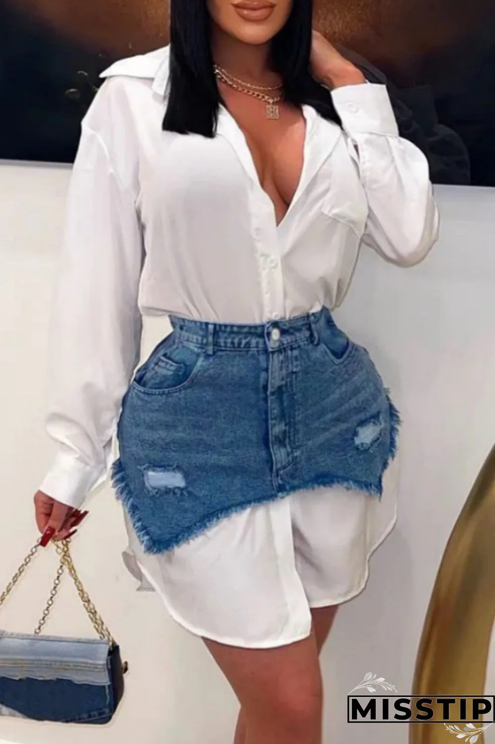 Black Casual Solid Ripped Turndown Collar Long Sleeve Two Pieces