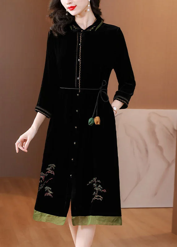 Vogue Black Peter Pan Collar Embroideried Tie Waist Silk Velour Vacation Dresses Fall