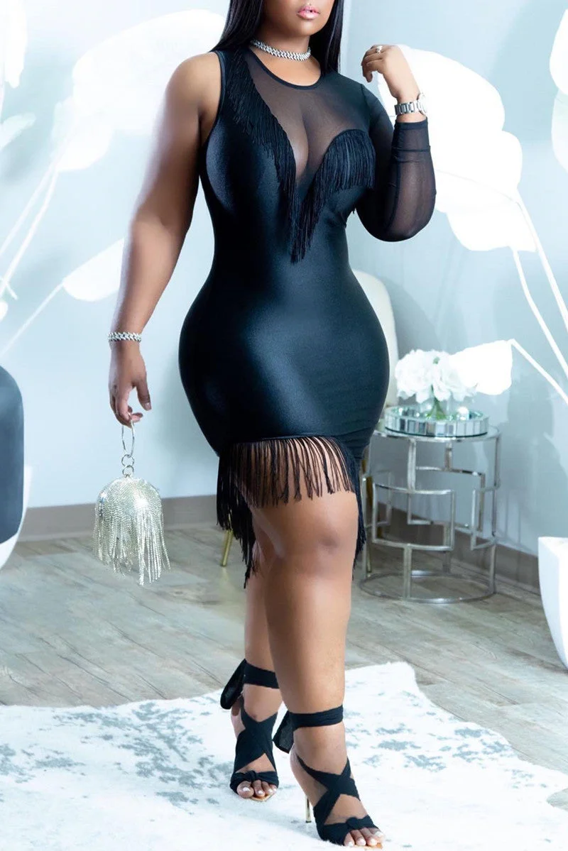 Fashion Sexy Patchwork Tassel See-through Asymmetrical O Neck Long Sleeve Dresses