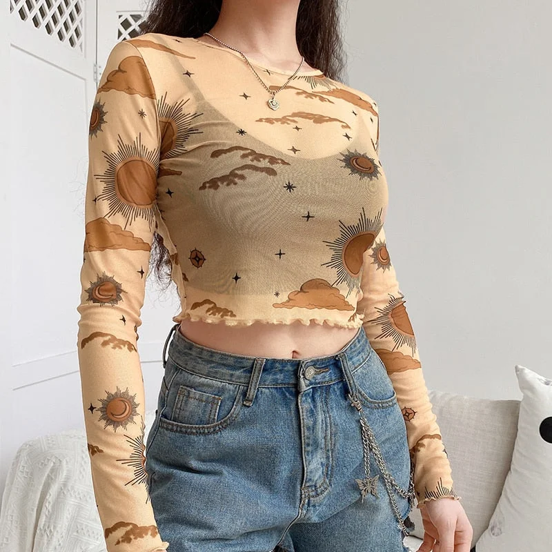HEYounGIRL Sexy Mesh Long Sleeve T-shirt Women Harajuku Transparent Crop Top T Shirt Ladies Print Streetwear Summer Spring 2021