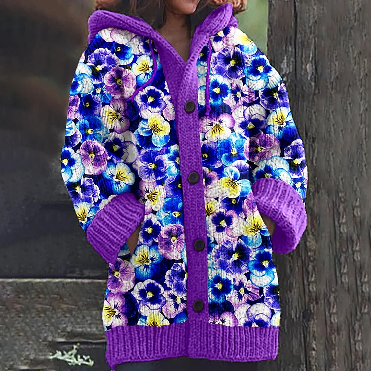 Utbros Vintage Pansy Purple Flower Art Cozy Hooded Cardigan